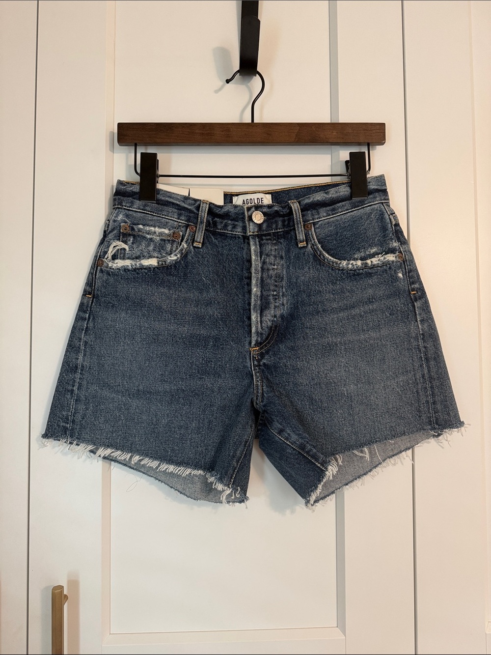NWT! AGOLDE Women’s 25 Reese Shorts High Rise Organic Cotton Denim Cutoff Raw - Picture 6 of 7